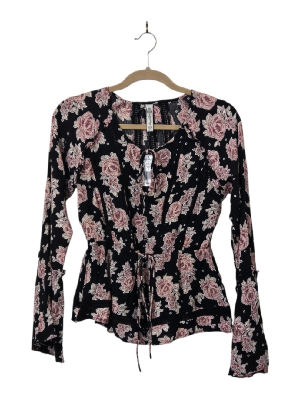 American Rag Cie Women's Black Floral Drawstring Waist Long-Sleeve Top